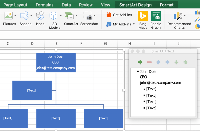 Add text to org chart shapes